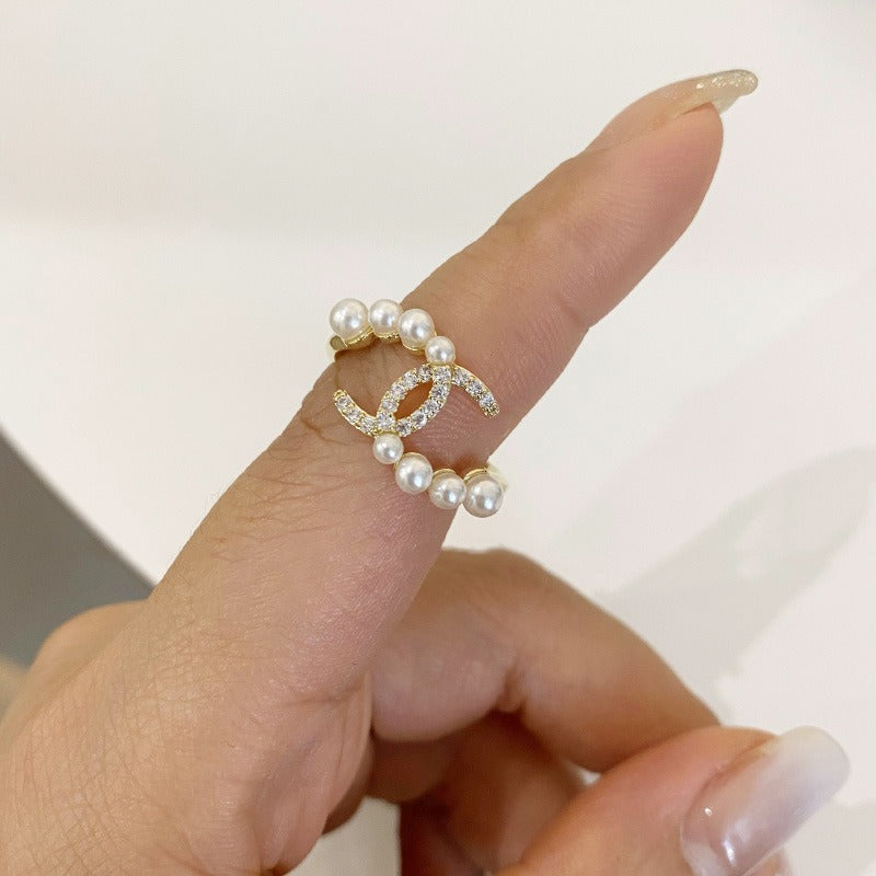 Diamond C-Shaped Cross Pearl Ring Women Index Finger Light Luxury Niche Design Senior Sense Of Fashion Personality Ins