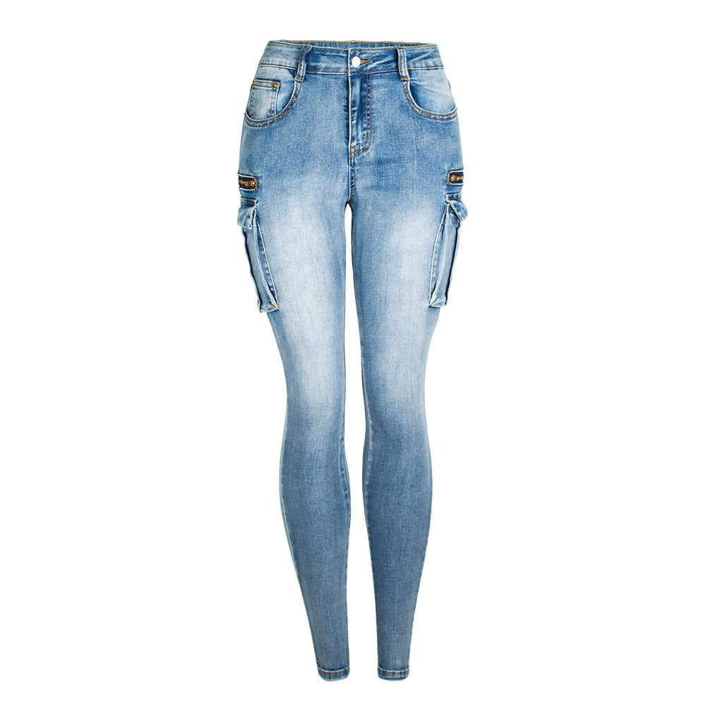 Ultra Stretchy Light Blue Denim Cargo Pants for Women