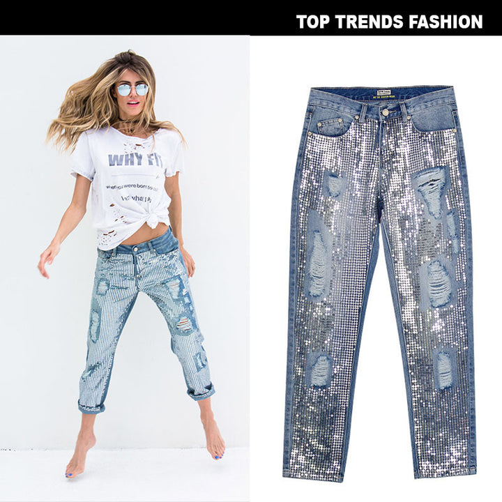 Women's Light Wash Distressed Metallic Embroidered Straight Leg Denim Jeans with Ripped Details