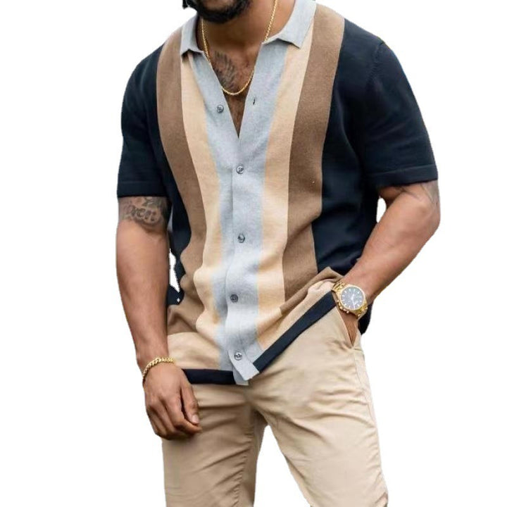 Men's Striped Short Sleeve Knit Polo Tee for Urban Style