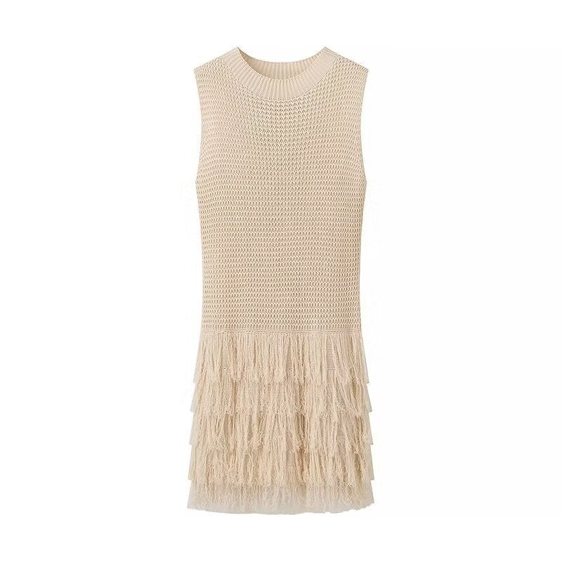 Chic Sleeveless Knitted Vest Skirt with Stylish Tassels and Cut-Out Details