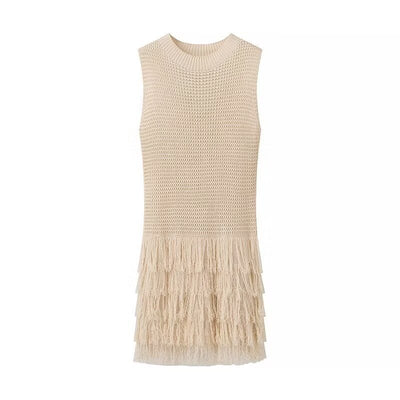 Chic Sleeveless Knitted Vest Skirt with Stylish Tassels