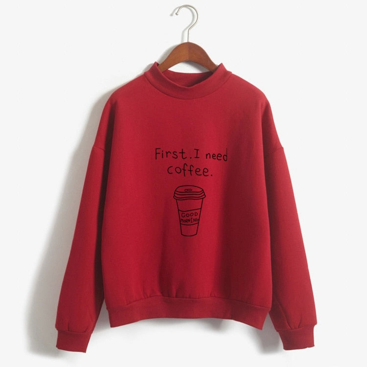 Kawaii Coffee Lover's Harajuku Style Fleece Turtleneck Hoodie for Women