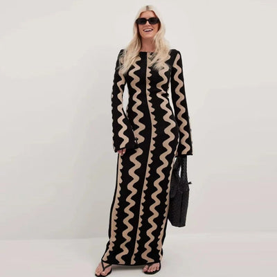 Chic Knitted Long Sleeve Flare Dress for Women Elegant Skirt