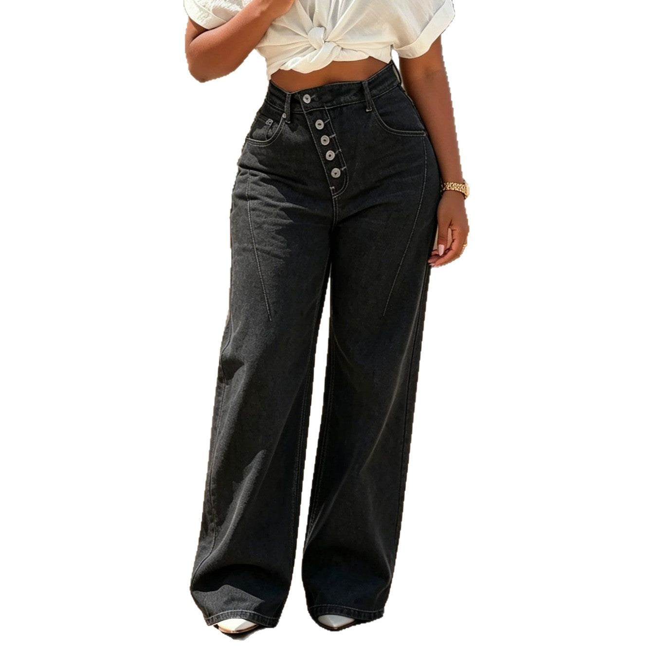 Women’s NewTopstitching Multi-button Fly Front Denim Pants