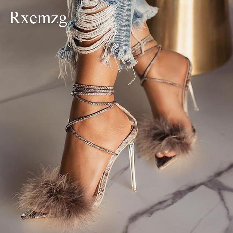 Exotic Elegance: Pointed Toe  Heels with Feather Accents and Clear Straps