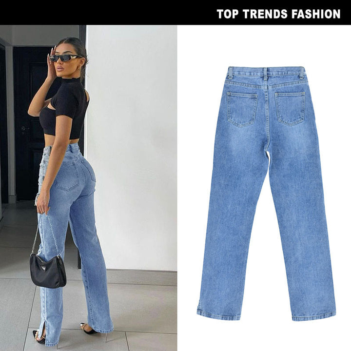 Women's Distressed High-Rise Straight-Leg Denim Pants with Slit Hem