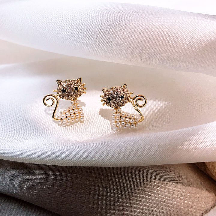 Cat Pearl Earrings New Fashion Earrings Women Silver Needle Korean Temperament Net Red Ear Accessories
