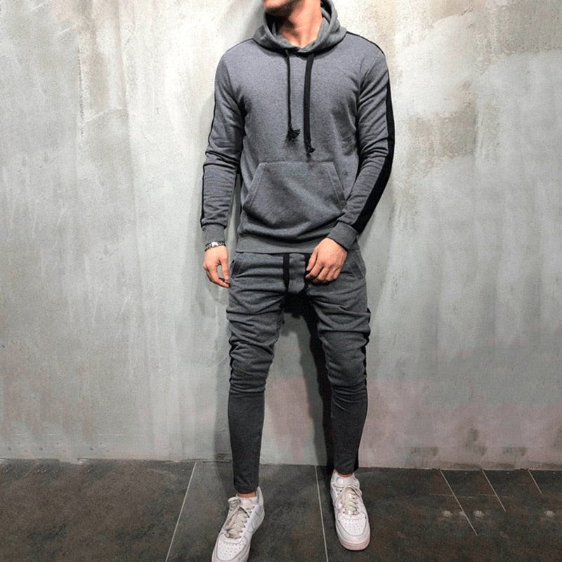 Men's Stylish 2-Piece Casual Tracksuit - Hooded Sweatshirt & Drawstring Pants with Eye-Catching Stripe Design