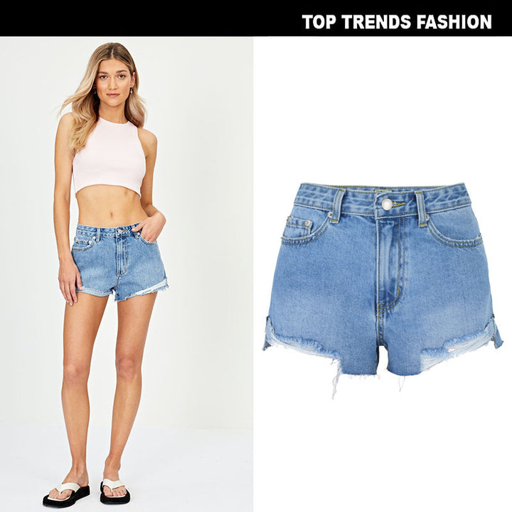 High-Waisted Soft Ripped Denim Shorts with Unique Asymmetrical Hem for Women's Spring and Summer Fashion