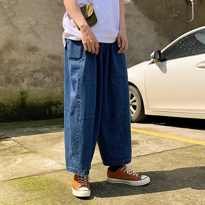 Men's Relaxed Fit Ankle-Cut Wide Leg Denim Pants with Adjustable Drawstring Waist – Comfortable Hip Hop Street Style