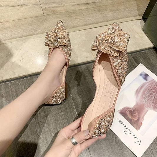 Sparkling Green Pointed Toe Flats with Rhinestones and Crystals - Women's Summer Pearl Footwear