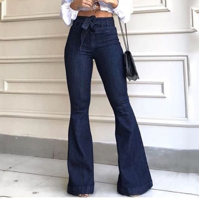 High-Waisted Women's Vintage Flared Denim Jeans with Lace-Up Detail in Blue