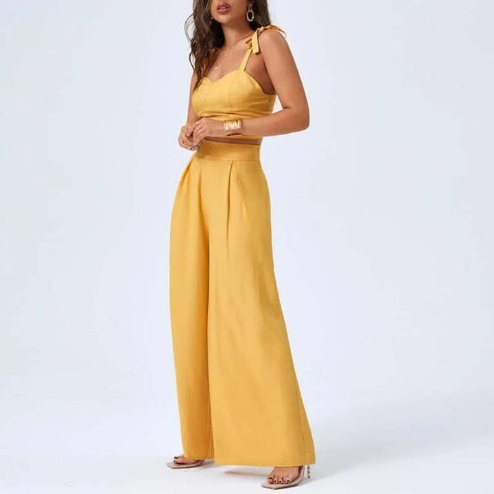 Chic Open Back Suspender Top & Flowing Wide Leg Pants Two-Piece Set for Women - Modern European and American Fashion