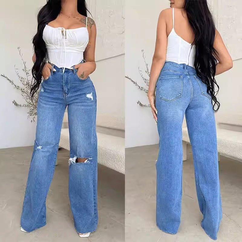 Casual High Waist Wide Leg Denim Jeans for Women - Ripped Plus Size Mom Trousers