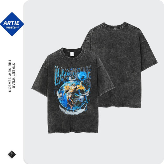 Casual Cartoon Print Oversized Tee with Distressed Sleeves