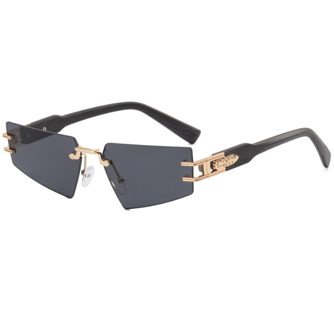 Frameless Gray Sunglasses with Wood Grain Legs