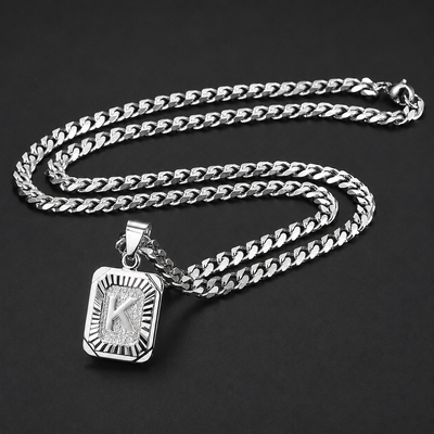 Stainless Steel Initial Cuban Necklace Personalized Monogram Pendant On Cuban Link Chain For Men Women