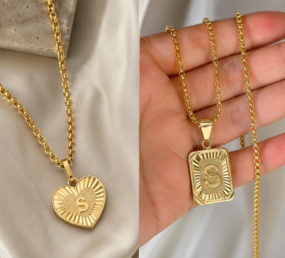 Dual Charm Initial And Heart Necklace Set In Gold Tone Stainless Steel With Personalized Initial Charm