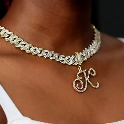 Cursive Letter Cuban Chain Necklace Initial Pendant Personalized Jewelry For Men And Women