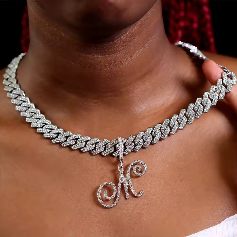 Cursive Letter Cuban Chain Necklace Initial Pendant Personalized Jewelry For Men And Women