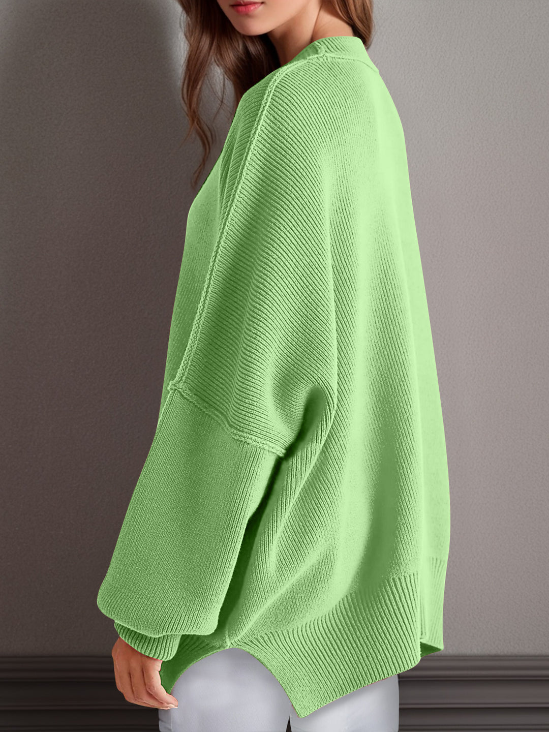 Chic Side Slit Long Sleeve Sweater with Round Neck