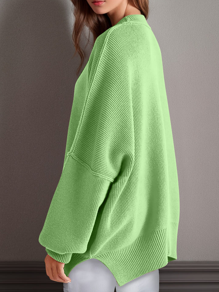 Chic Side Slit Long Sleeve Sweater with Round Neck