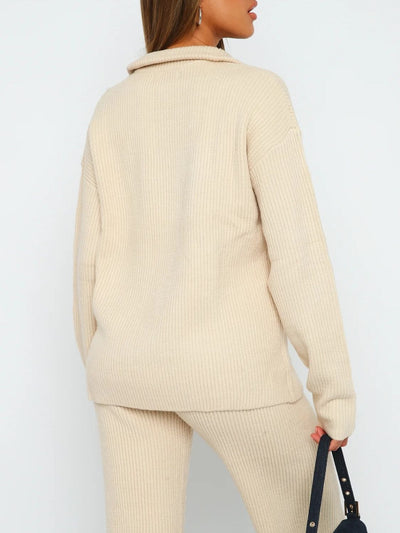 Chic Ribbed Quarter Zip Lounge Set with Long Sleeve Top