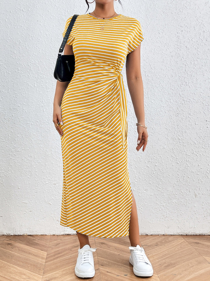 Chic Tied Striped Short Sleeve Dress with Round Neck