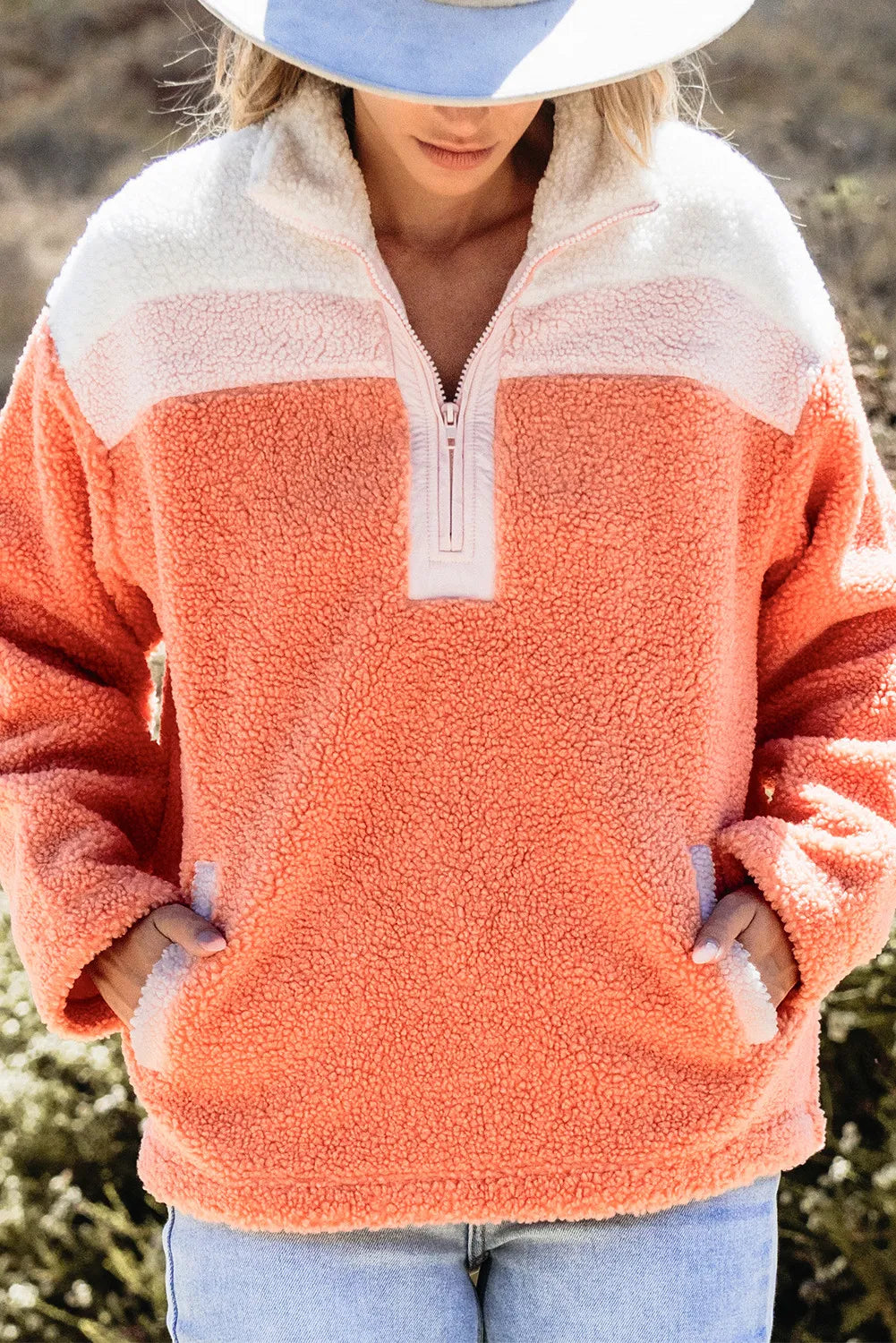 Chic Dual Fabric Half Zip Long Sleeve Sweatshirt for Women