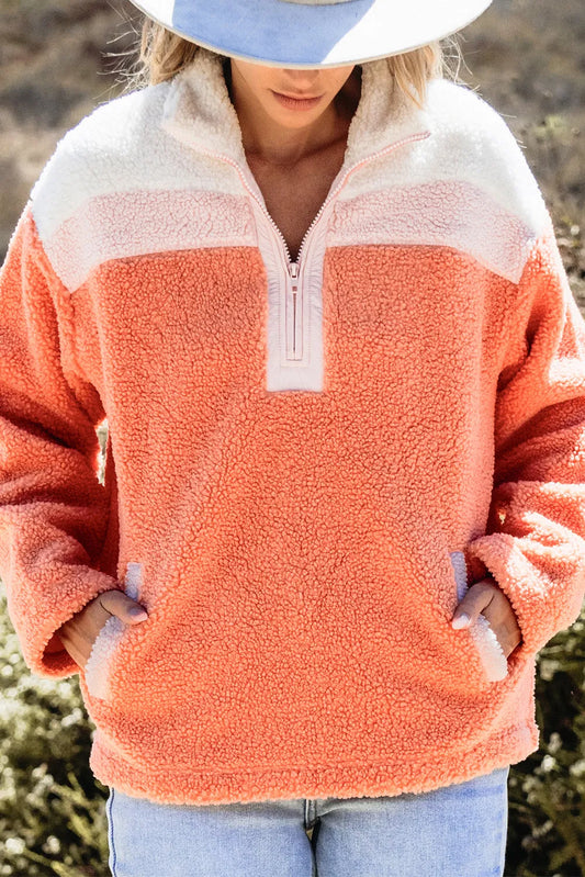Chic Dual Fabric Half Zip Long Sleeve Sweatshirt for Women