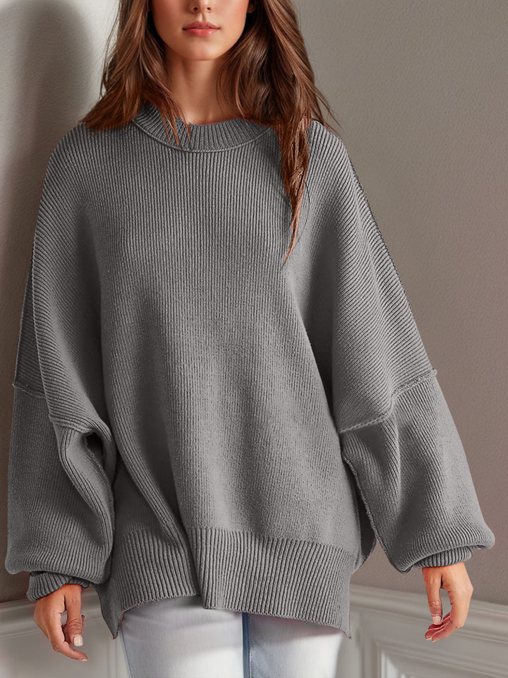 Chic Side Slit Long Sleeve Sweater with Round Neck