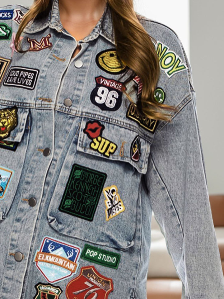 Stylish Embroidered Patch Long Sleeve Denim Jacket with Button Closure