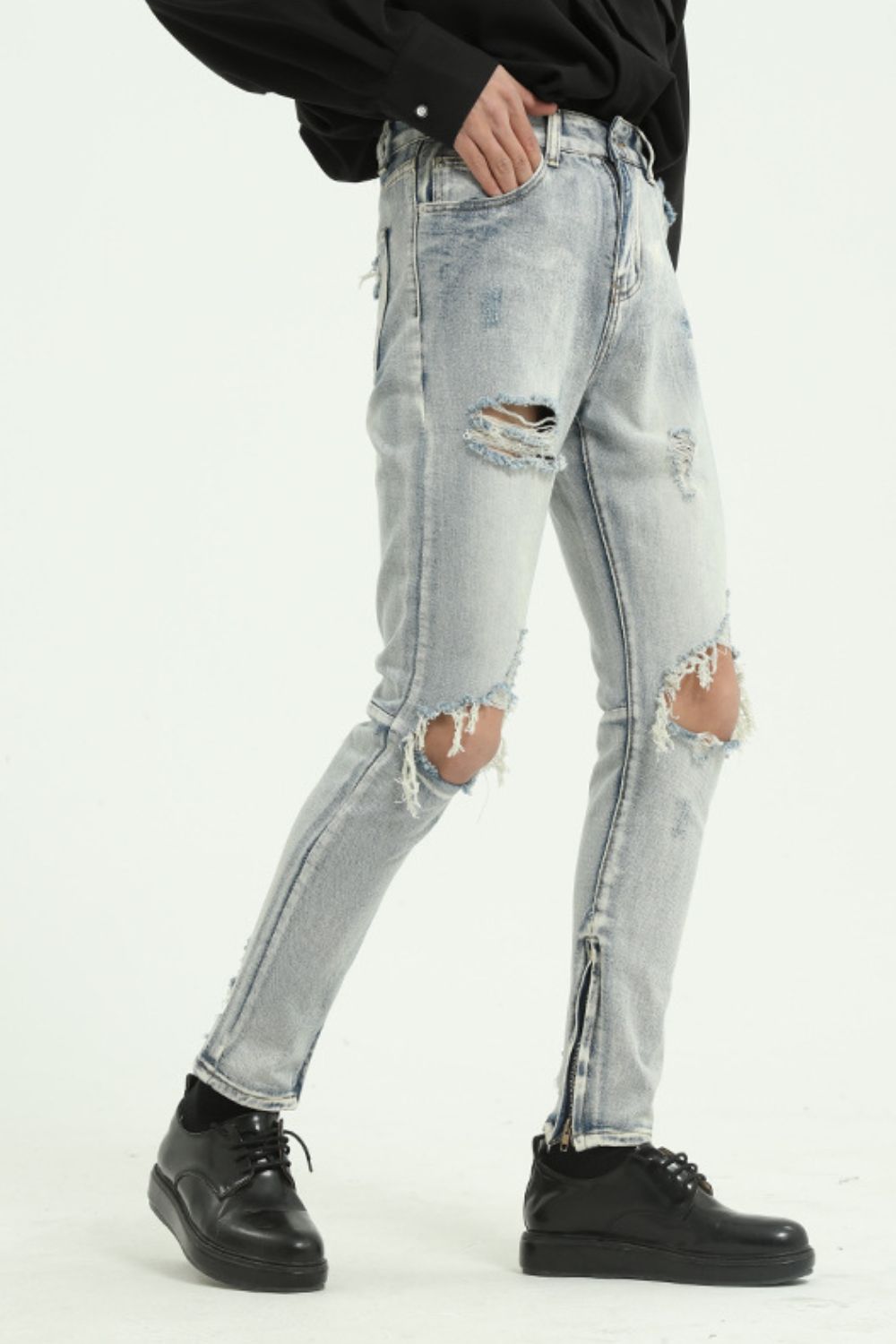 Pocketed Distressed Jeans with Side Zip for Women Fashion