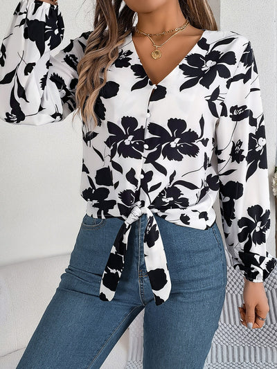 Elegant Printed Long Sleeve V-Neck Blouse for Women