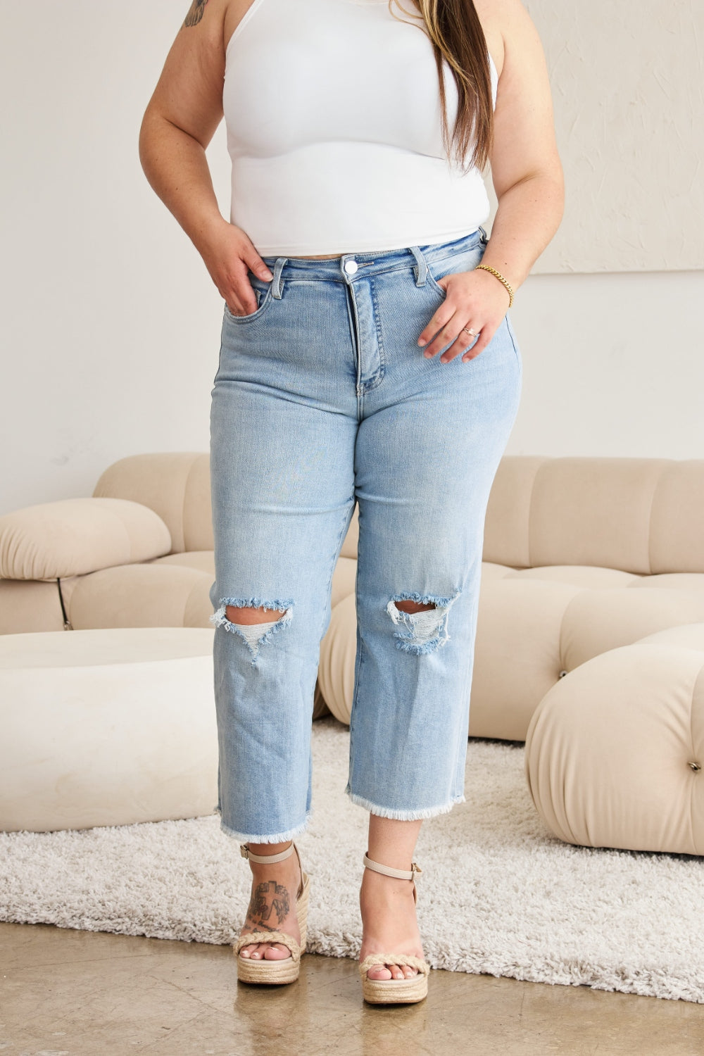 High Waist Distressed Tummy Control Jeans with Raw Hem Finish