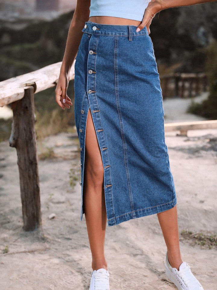 Classic Button Front Denim Skirt