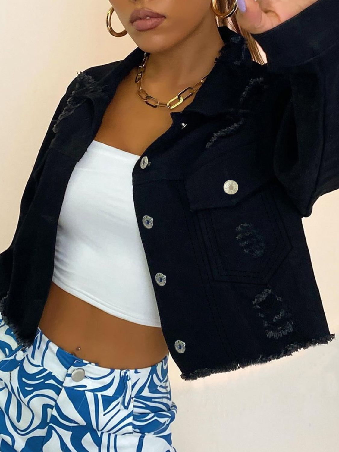 Distressed Long Sleeve Denim Shirt with Collared Neck Style