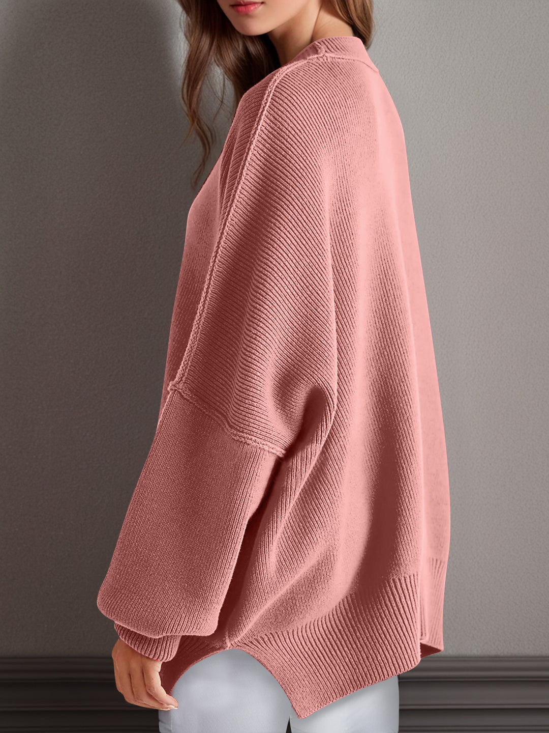 Chic Side Slit Long Sleeve Sweater with Round Neck