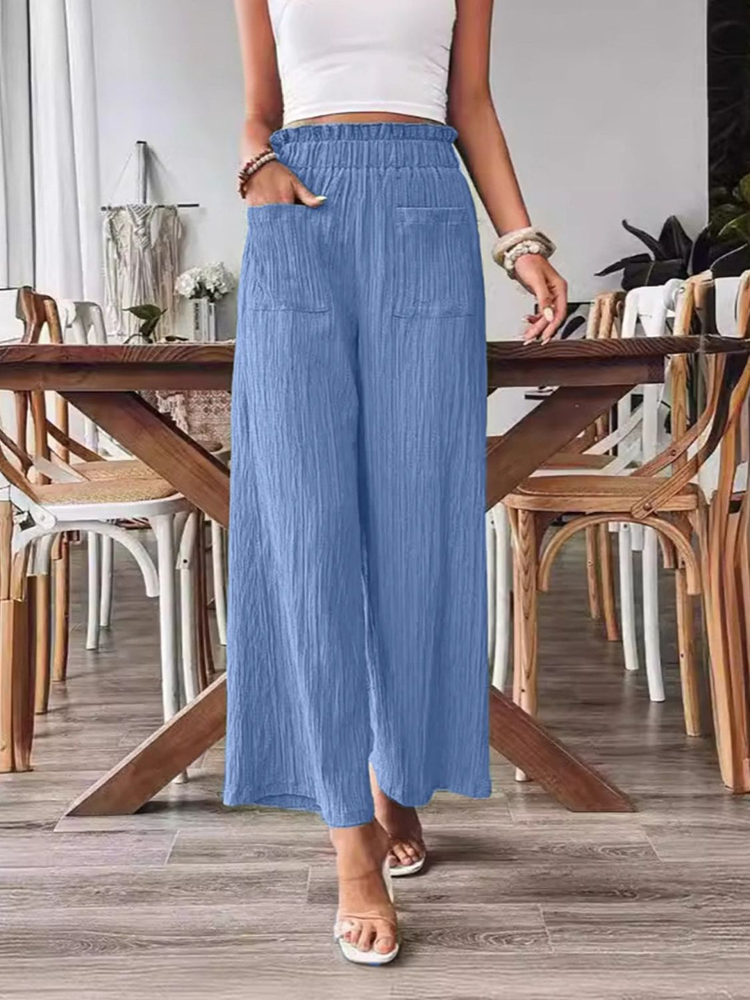 Chic Wide Leg Trousers with Elastic Waist and Pockets