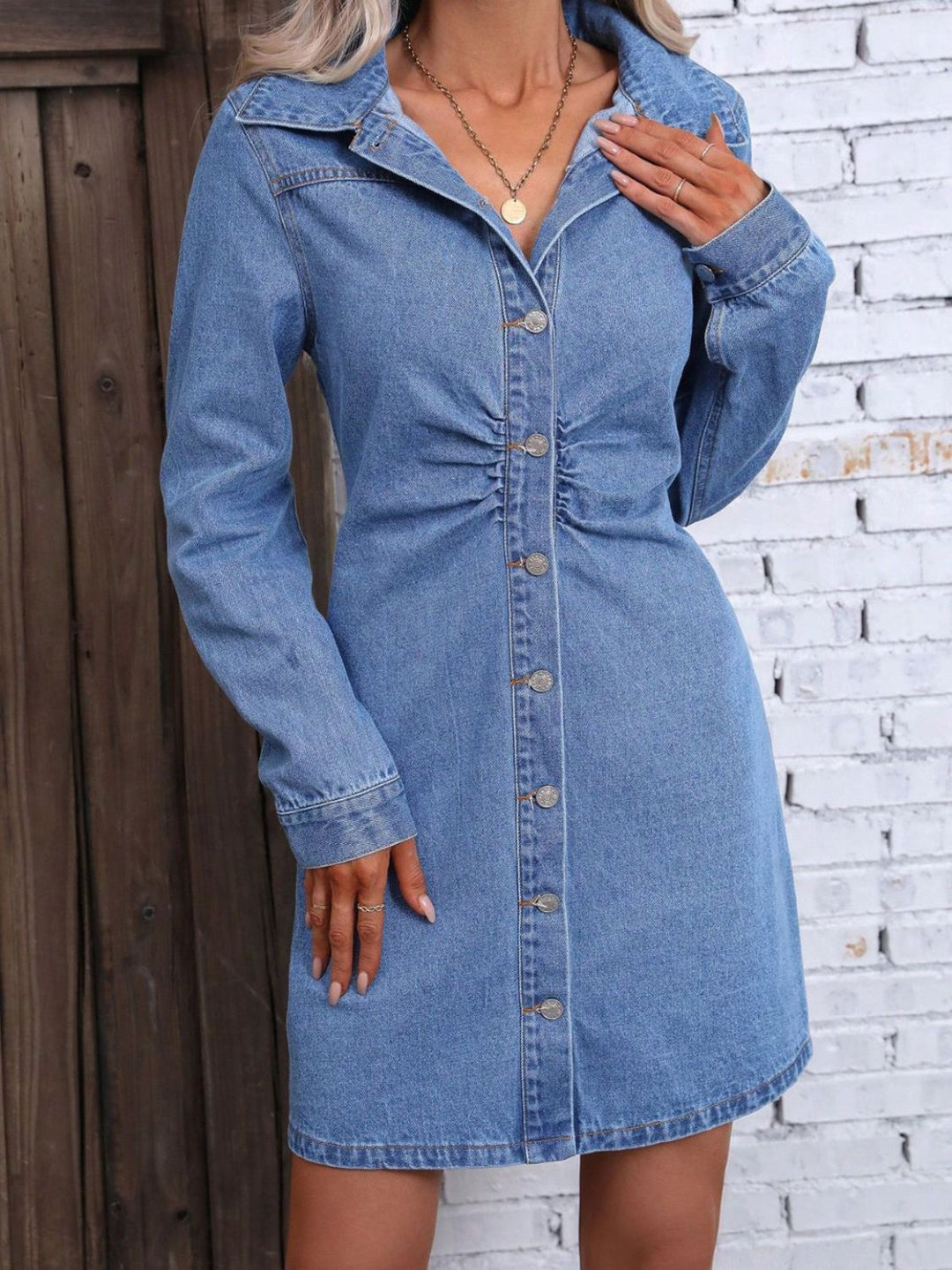 Chic Ruffled Denim Dress with Long Sleeves and Button Front