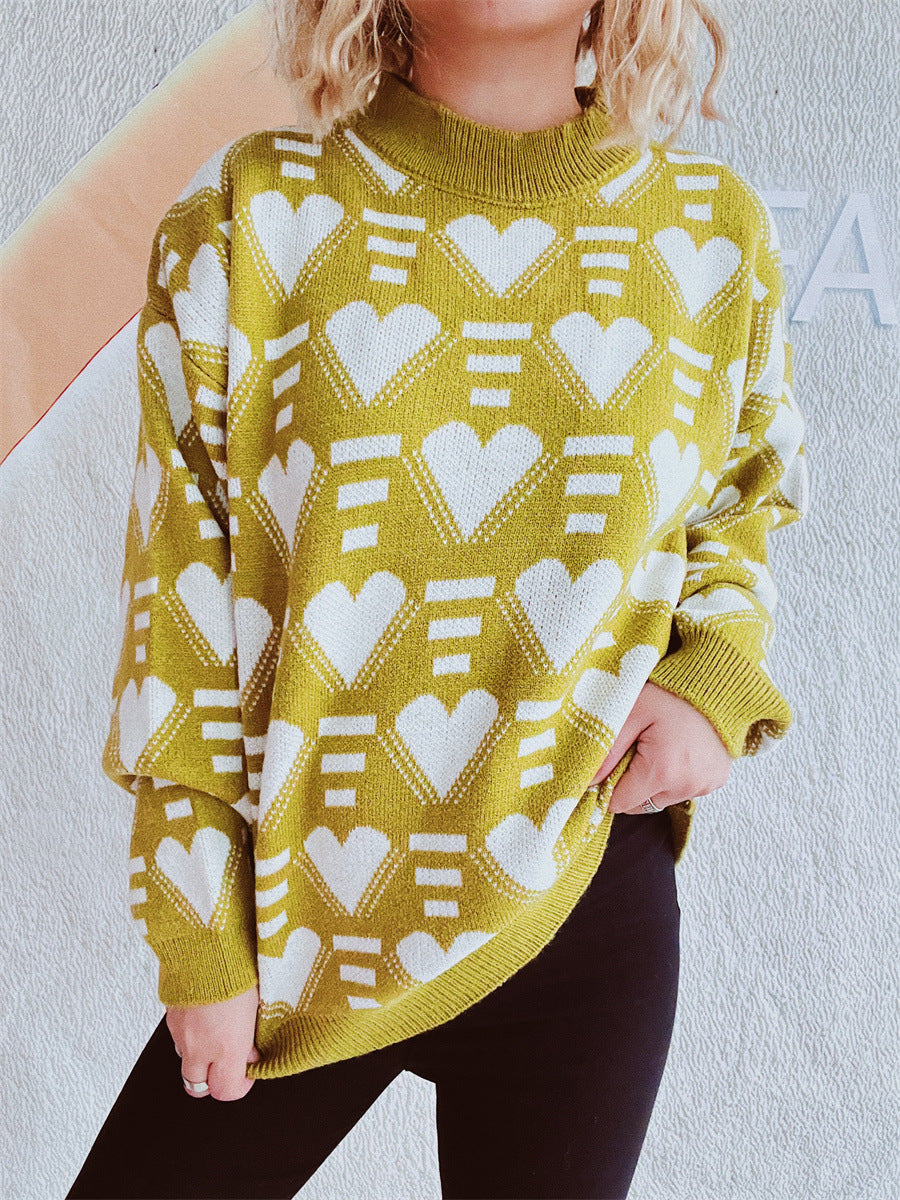 Charming Heart Contrast Oversized Sweater for Cozy Style