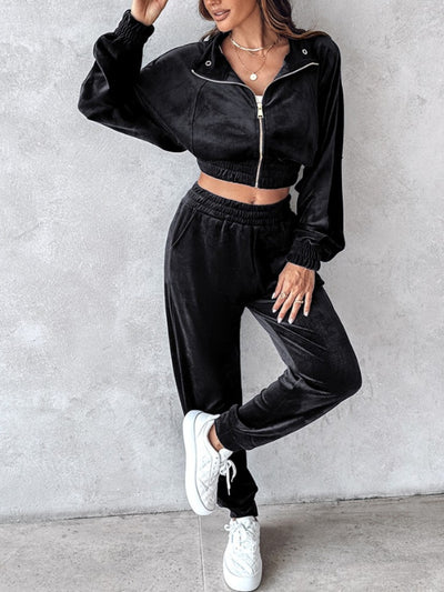 Cropped Zip-Up Long Sleeve Top and Jogger Set for Women