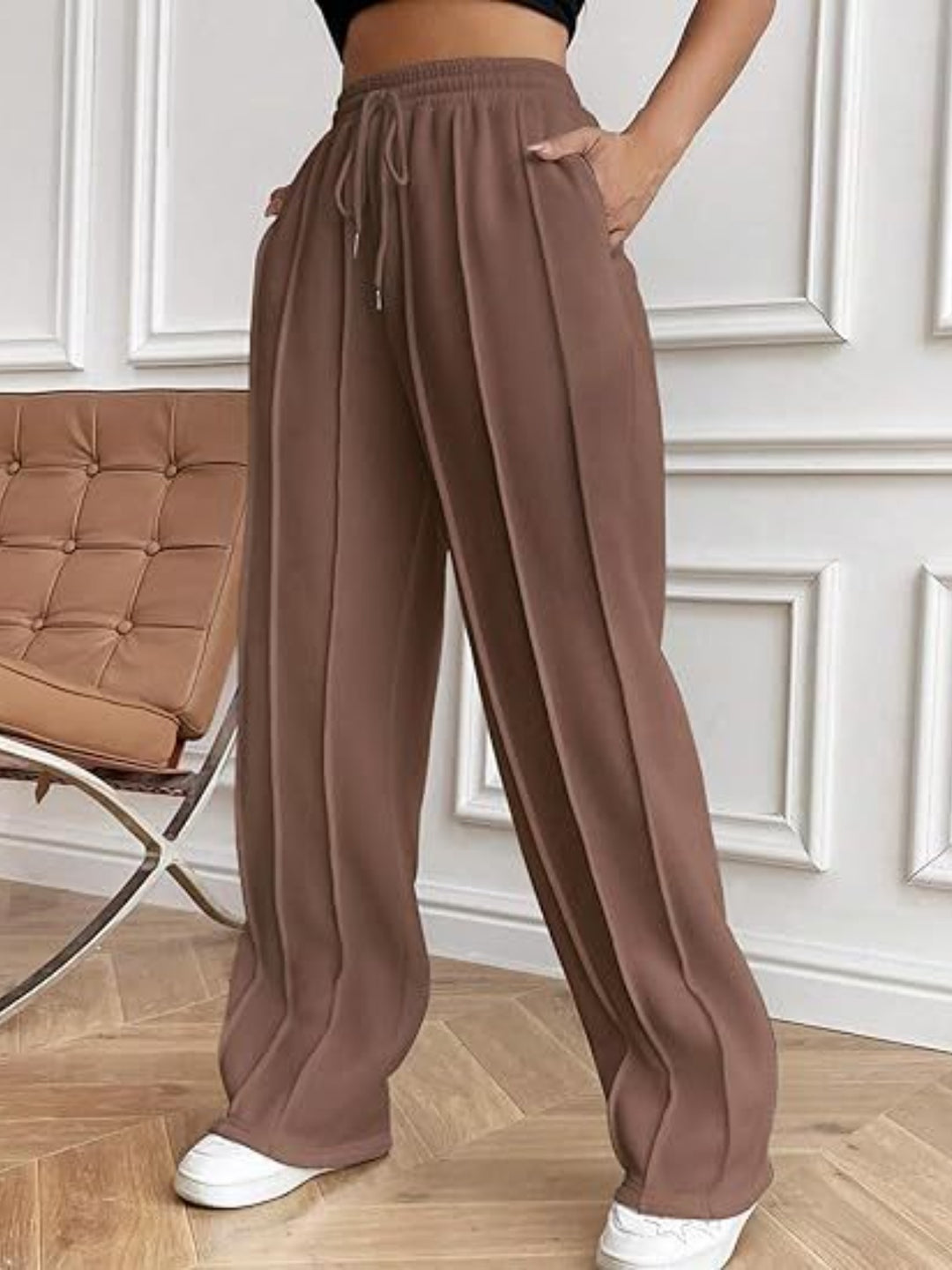 Casual Chic Wide Leg Drawstring Trousers with Pockets