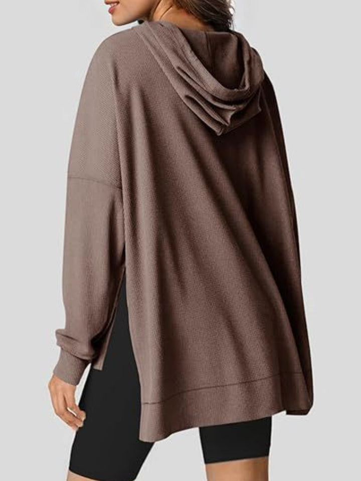 Sheer Slit Hooded Long Sleeve Top with Drawstring