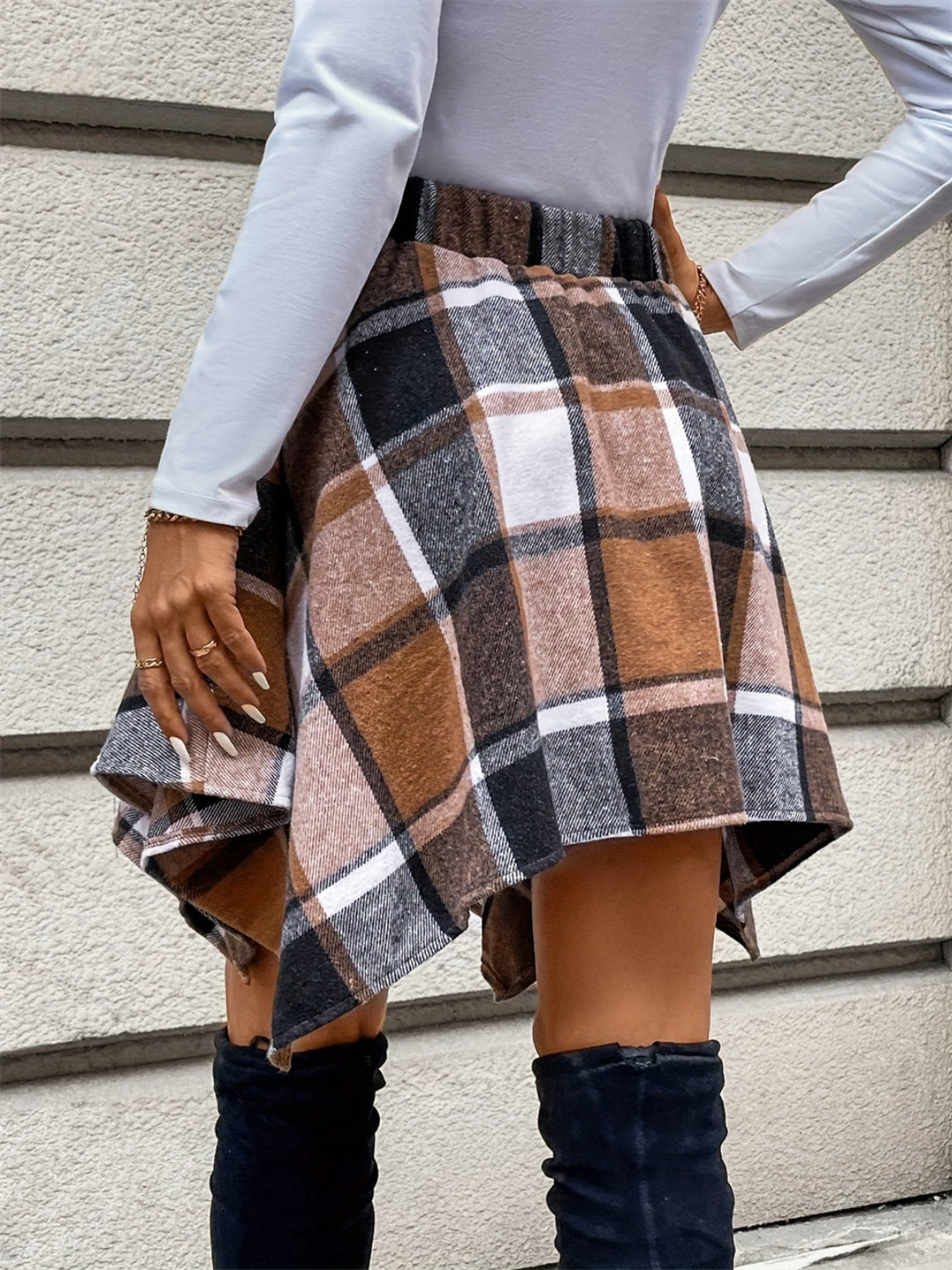 Plaid Tied Asymmetrical Skirt with Sheer Detail