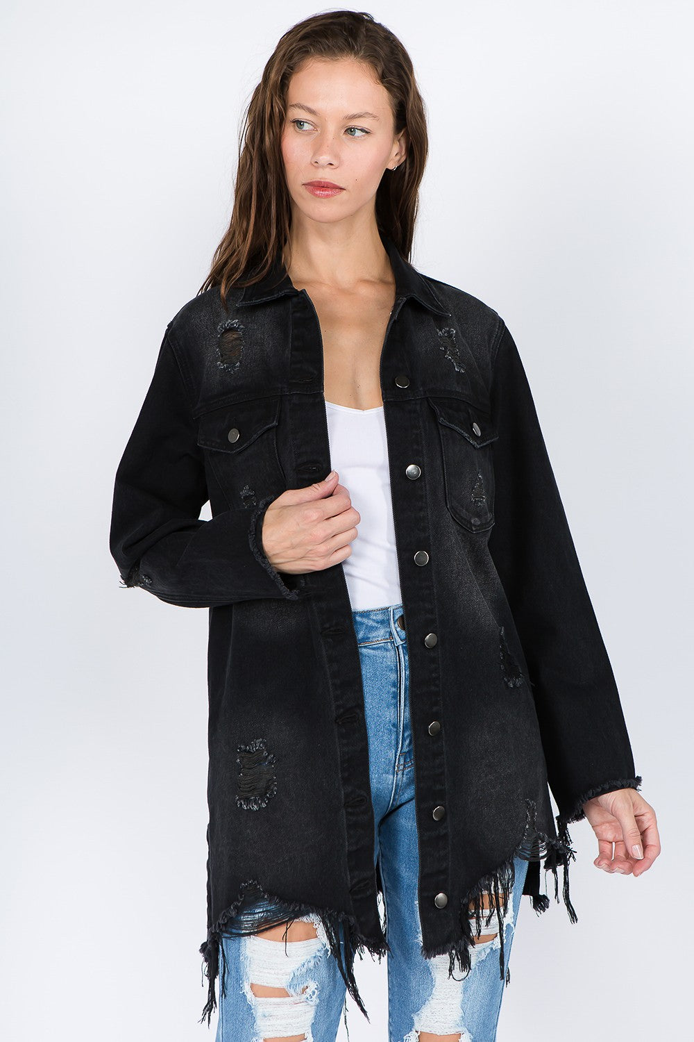 Frayed Hem Distressed Retro Denim Jacket