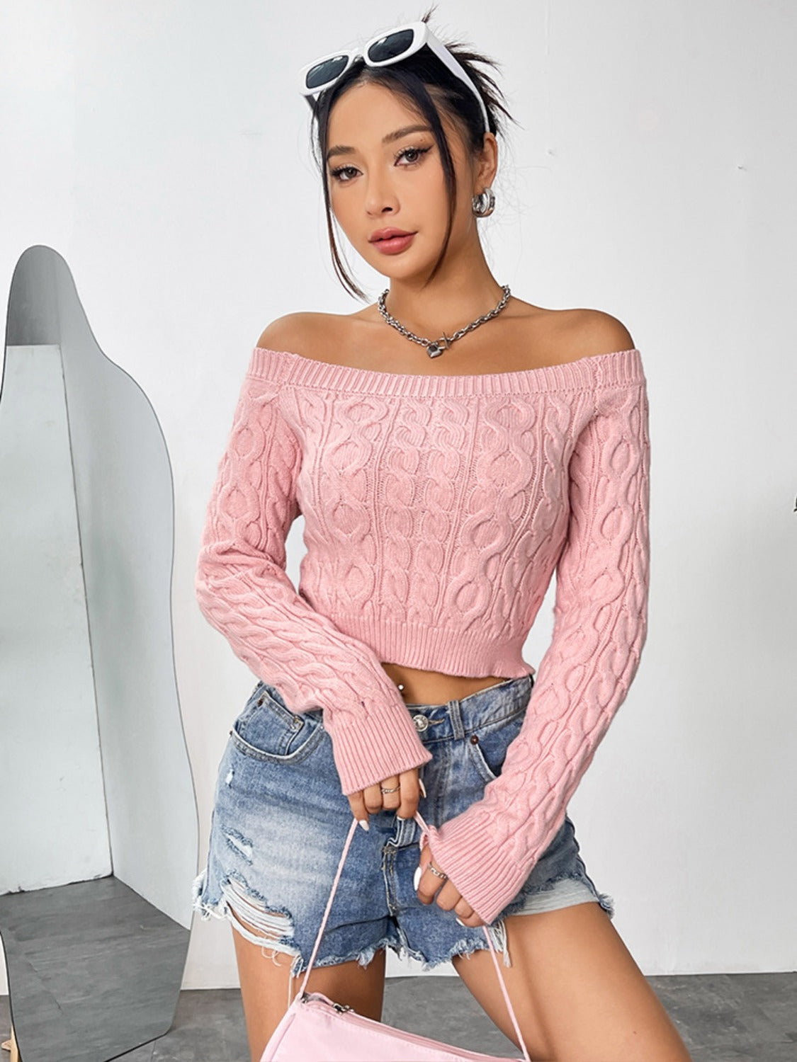 Chic Off-Shoulder Cable-Knit Sweater Top for Women