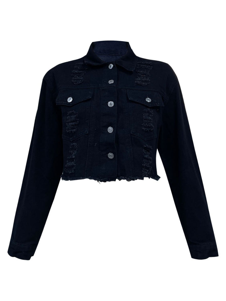 Distressed Long Sleeve Denim Shirt with Collared Neck