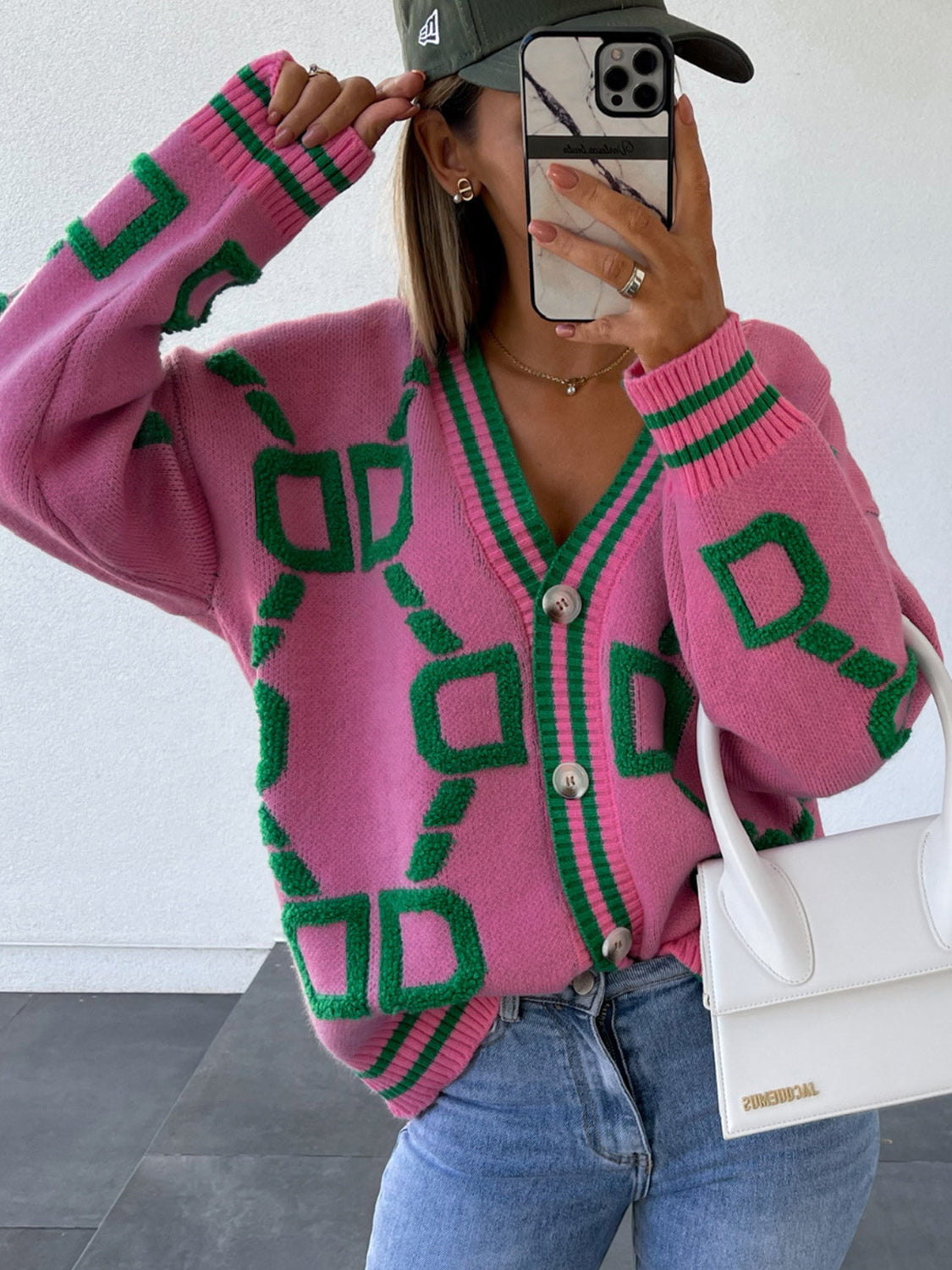 Geometric Dropped Shoulder Button Down Cardigan for Women